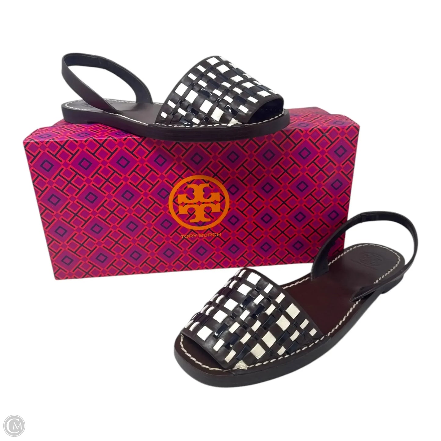 Emori Woven Sandals Designer By Tory Burch In Brown & Cream, Size: 8.5