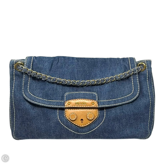 Corda Pattina Sottospalla Flap Shoulder Bag Luxury Designer By Prada In Blue Denim & Leather, Size: Large