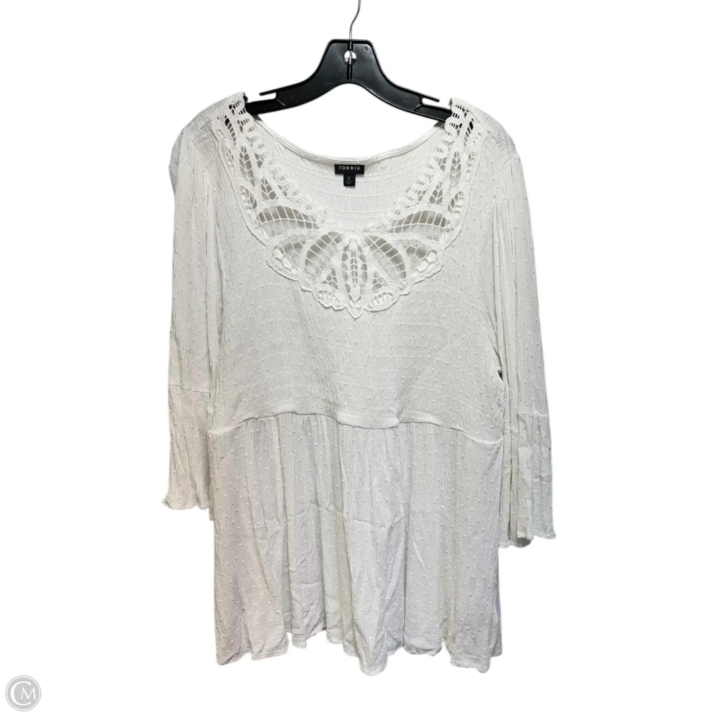Babydoll Top With Crochet Detail By Torrid In White Clip Dot Gauze, Size: 2X