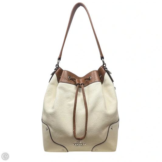 Mickie Drawstring Bucket Bag Designer By Coach In Saddle/Chalk, Size: Medium