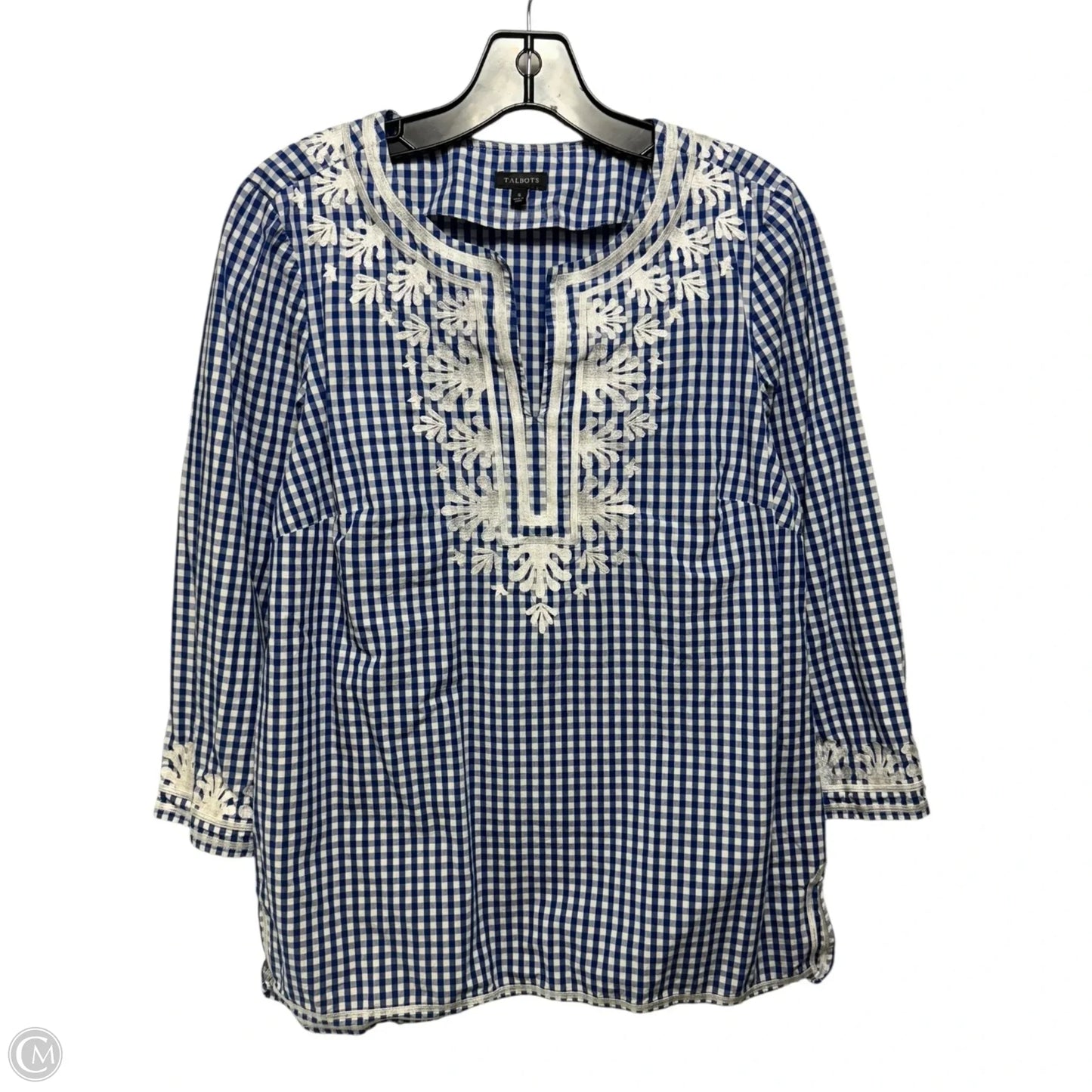 Embroidered Gingham Tunic 3/4 Sleeve By Talbots In Checkered Pattern, Size: S