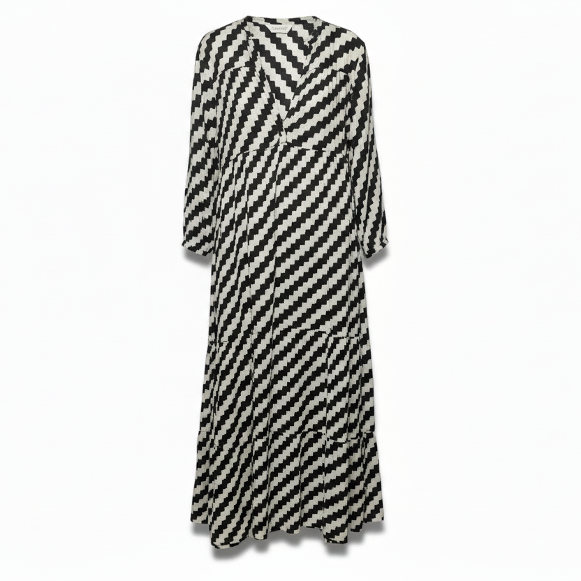 Cotton Voile Maxi Dress By Compania Fantastica In Black & Cream Zigzag Print, Size: M