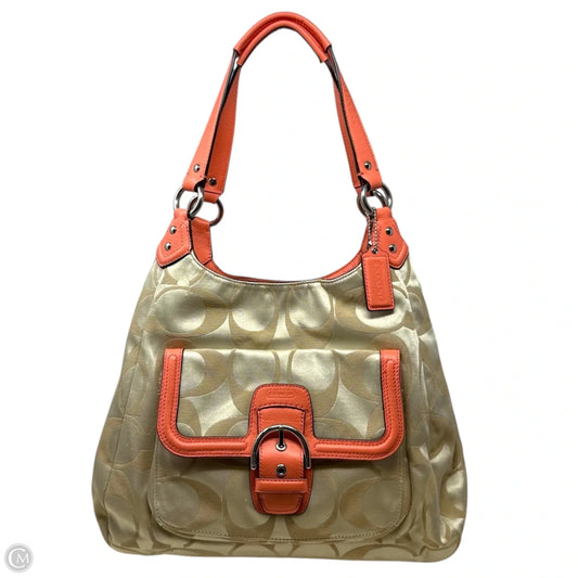 Campbell Hobo Signature C Logo Satchel Shoulder Bag By Coach In Khaki/Coral, Size: Medium