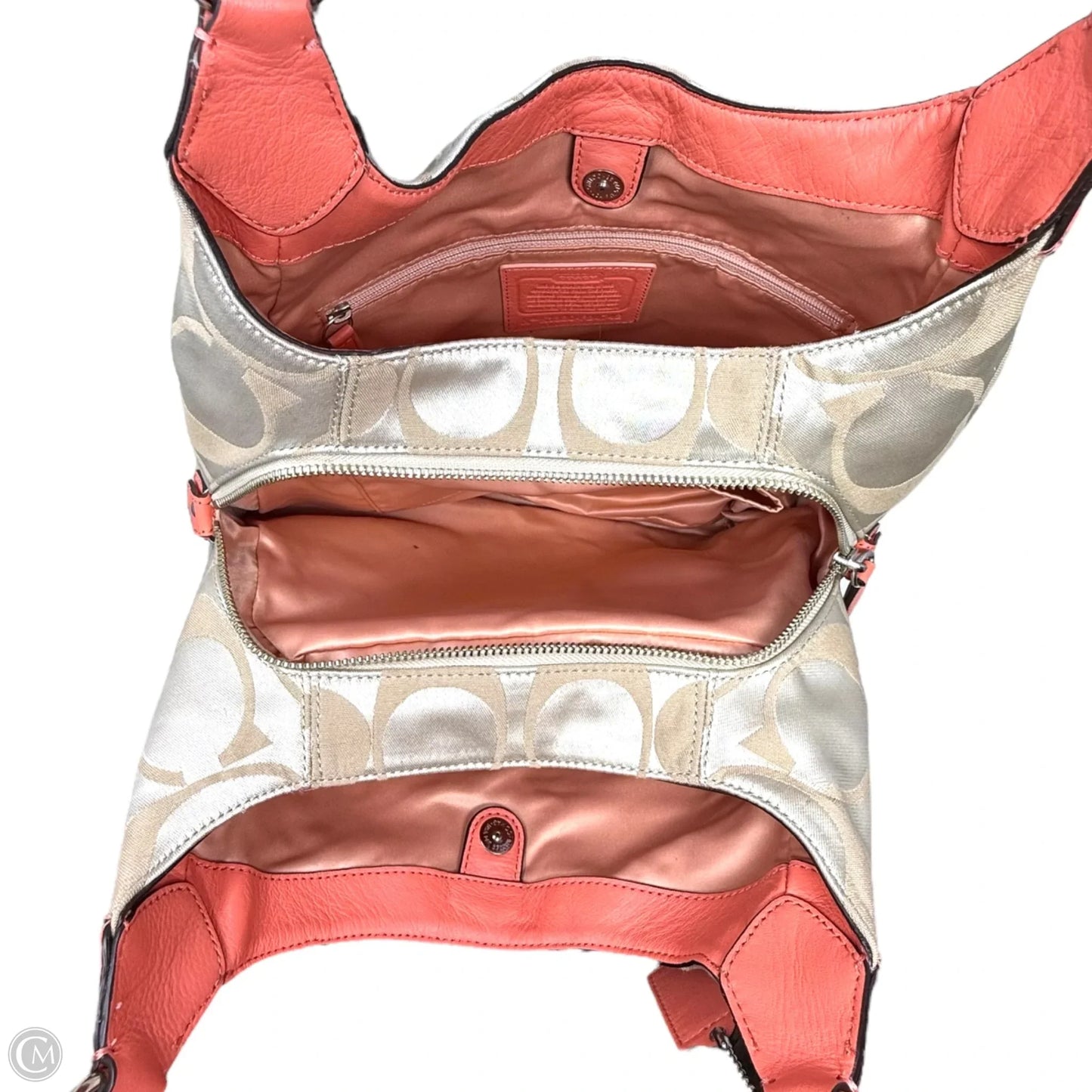 Campbell Hobo Signature C Logo Satchel Shoulder Bag By Coach In Khaki/Coral, Size: Medium