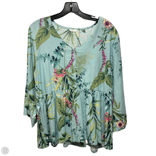 Linen Blend Top 3/4 Sleeve By Kaktus In Tropical Print, Size: L