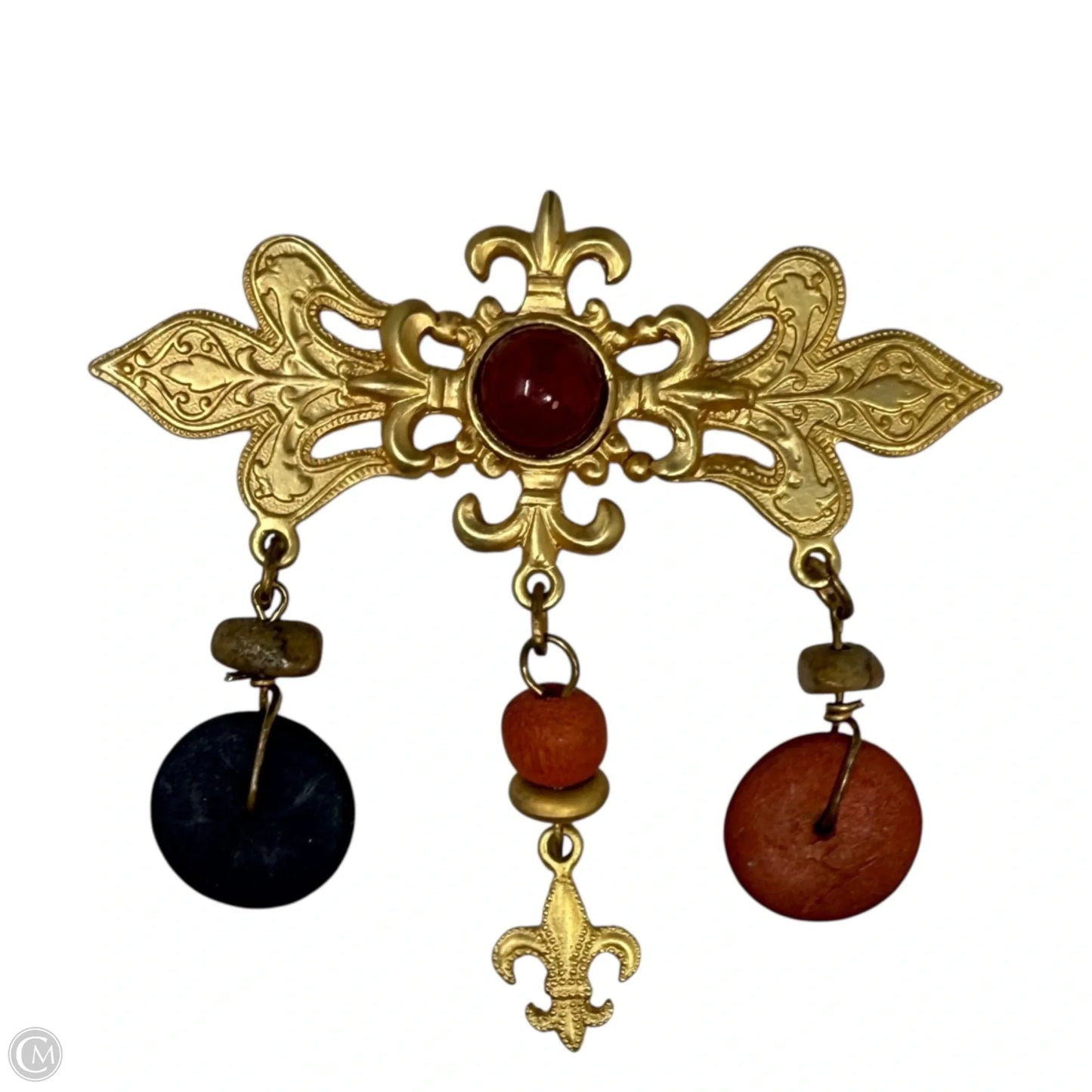 Victorian Revival Fleur-de-lis Gold Tone Wood Drop Brooch Pin