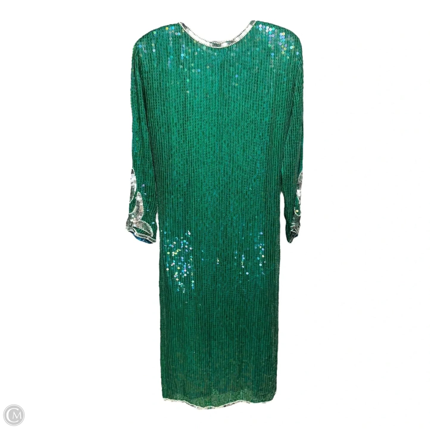 Vintage Silk Beaded & Sequined V Neck Midi Dress With Shoulder Pads By revival studio In Green, Size: M