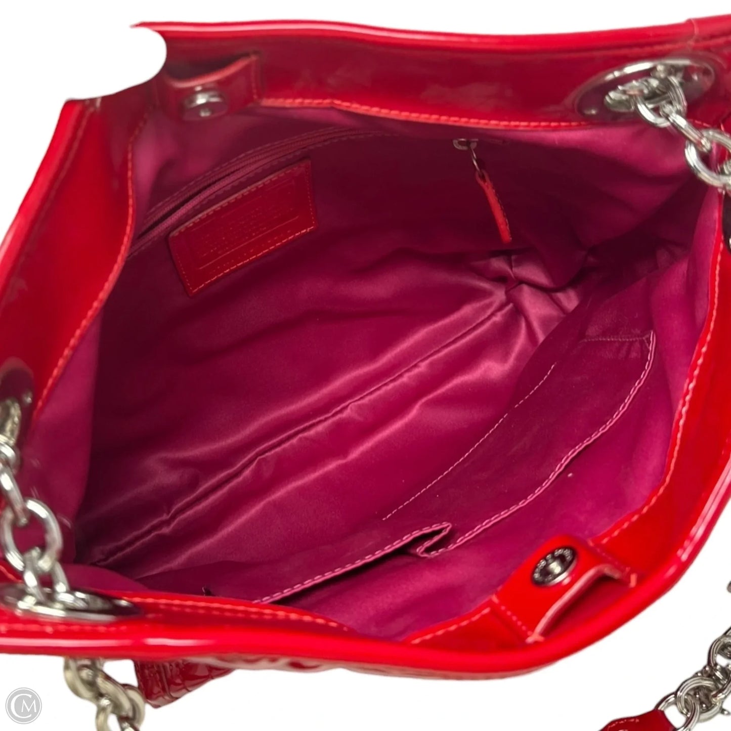 Poppy Liquid Gloss Patent Leather Quilted Shoulder Bag Designer By Coach, Size: Medium