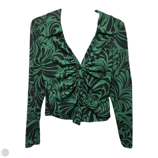 Ruched Front Button-Down Long Sleeve Top By Maeve In Black & Green, Size: S