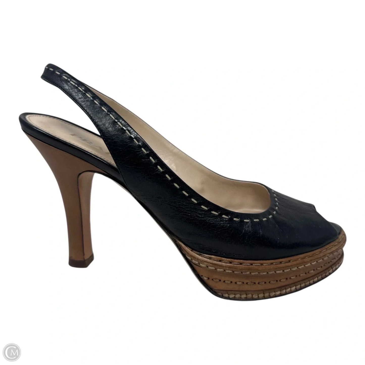 Whipstick Slingback Peep Toe Heels Shoes Luxury Designer By Prada In Black, Size: 8