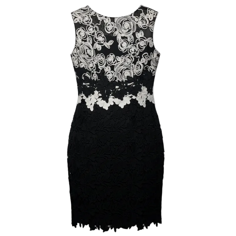 Floral Lace Midi Sheath Cocktail Dress By Kay Unger In Black & Cream, Size: 6
