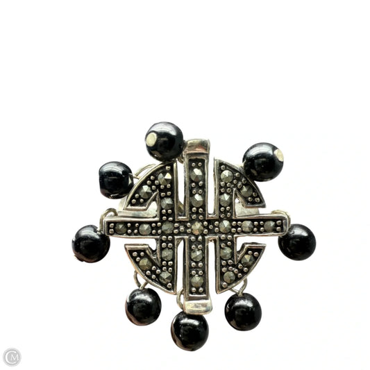 Thailand Sterling Silver & Marcasite Obsidian Dangles Ring, Size: 7