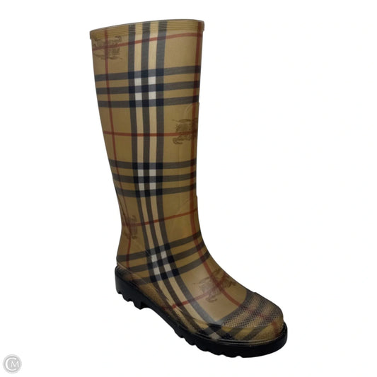 Haymarket Check Rubber Rain Boots Luxury Designer By Burberry In Plaid Pattern, Size: 6