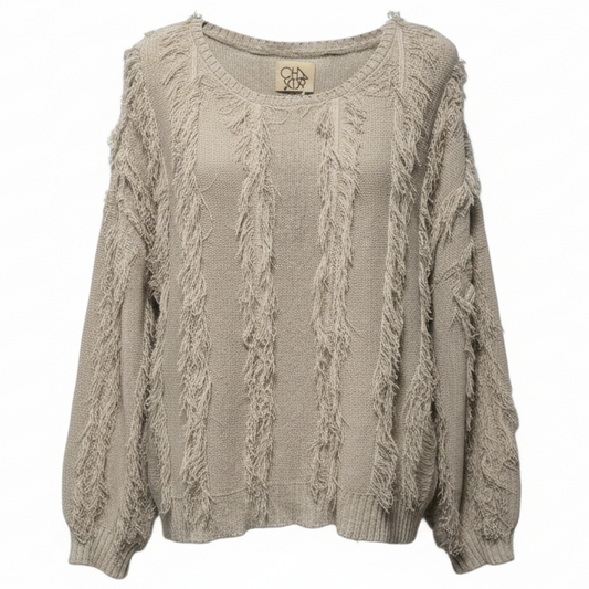 Fringe Blouson Sleeve Pullover Sweater By Chaser In Taupe, Size: M