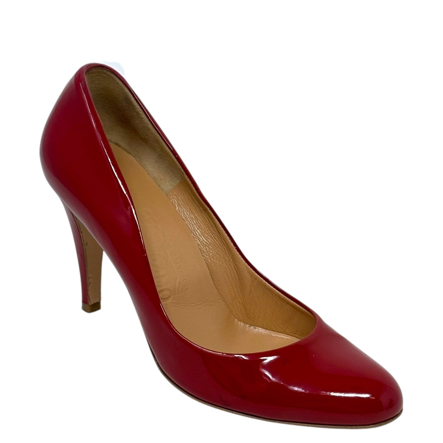 Round Toe Patent Leather Pumps Designer By Ferragamo In Red, Size: 6.5