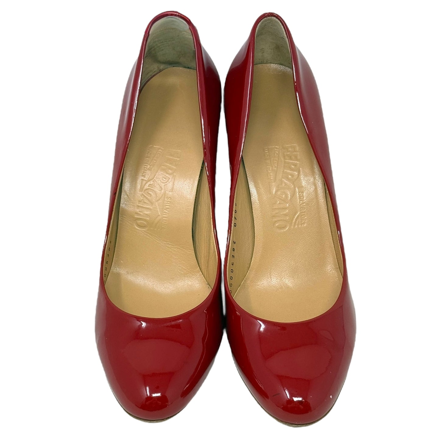 Round Toe Patent Leather Pumps Designer By Ferragamo In Red, Size: 6.5