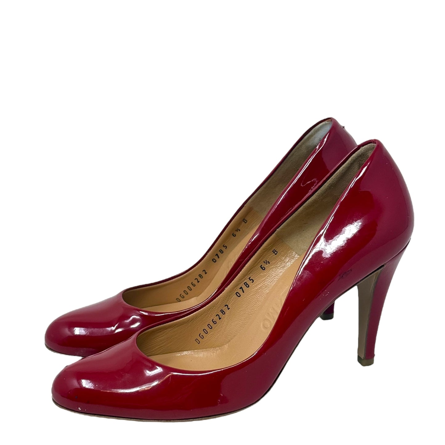 Round Toe Patent Leather Pumps Designer By Ferragamo In Red, Size: 6.5