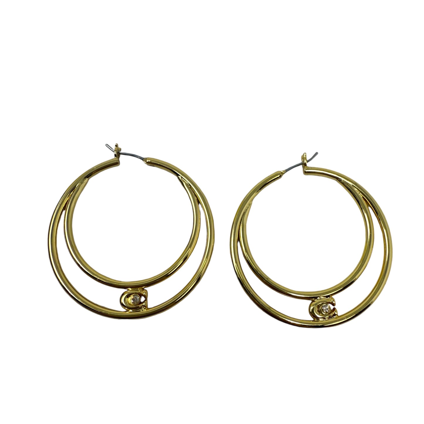 Signature C Double Hoop Gold Plated Brass Earrings Designer By Coach