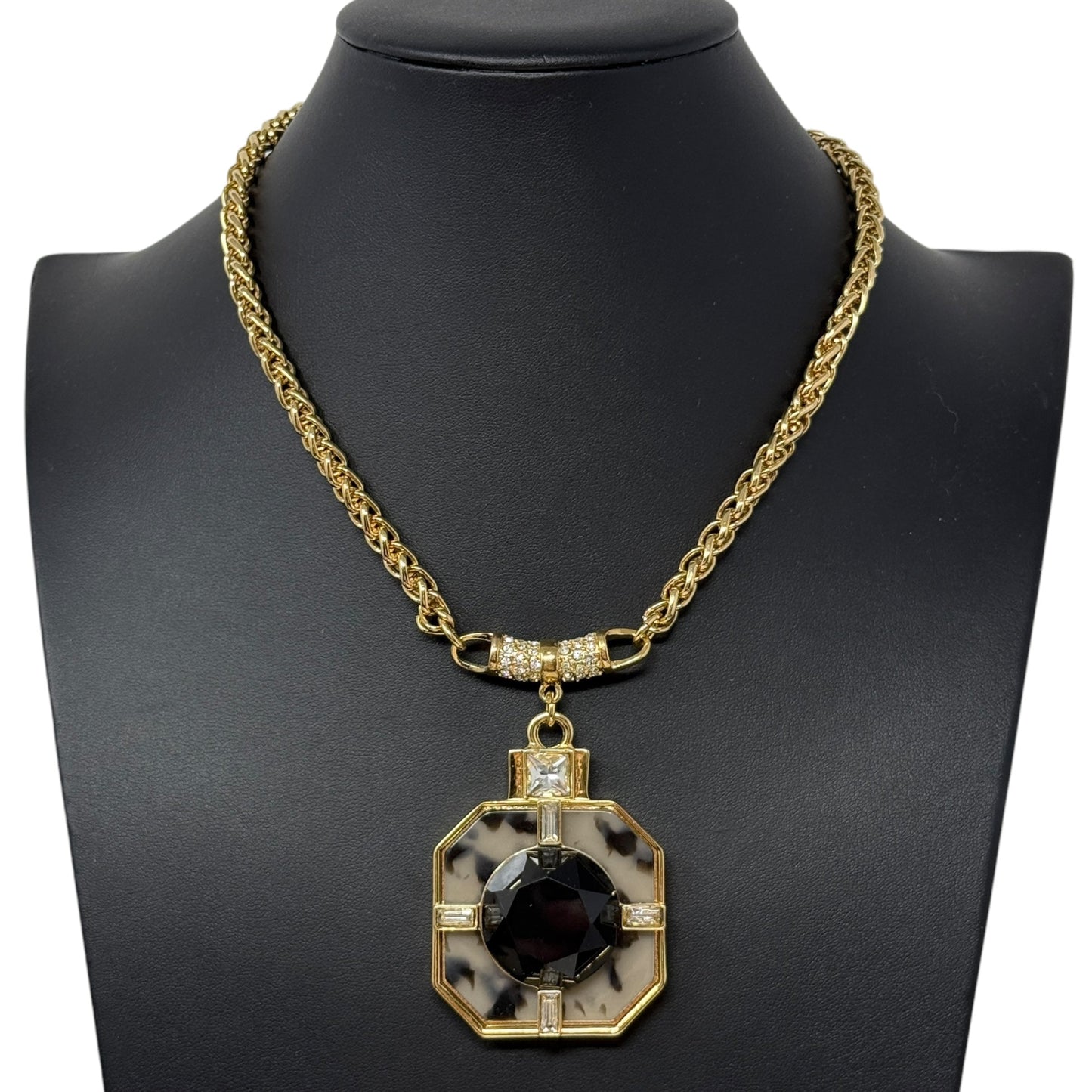 Gold -Tone Faux Tortoise Black Faceted Lucite Pendant Necklace Statement By Ann Taylor