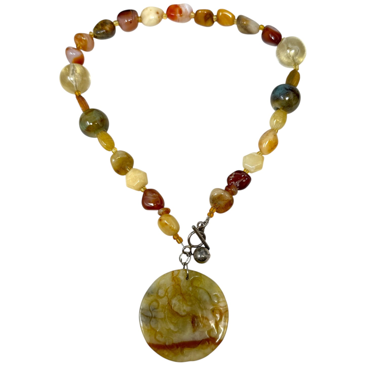 Natural Stone Beaded Medallion Necklace By Unbranded