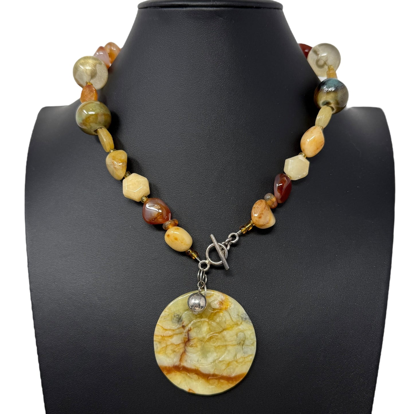 Natural Stone Beaded Medallion Necklace By Unbranded