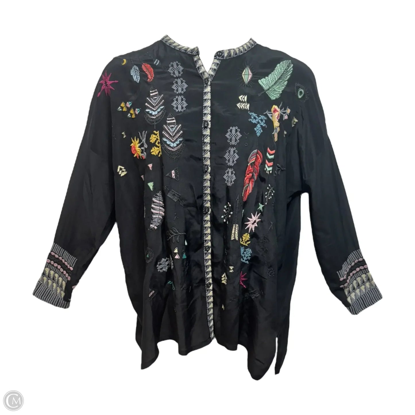 Reverie Silk Embroidered Top Long Sleeve By Johnny Was In Black, Size: M