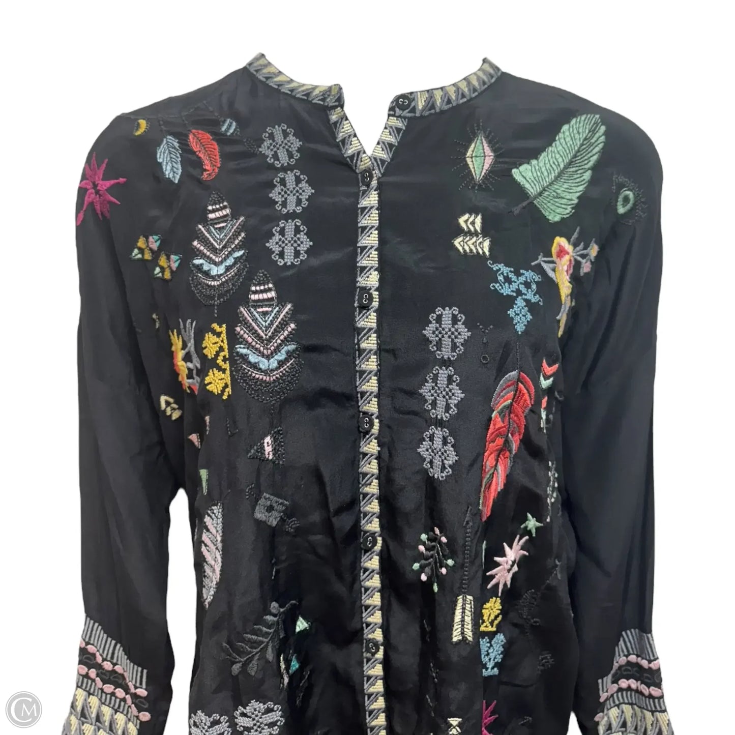 Reverie Silk Embroidered Top Long Sleeve By Johnny Was In Black, Size: M