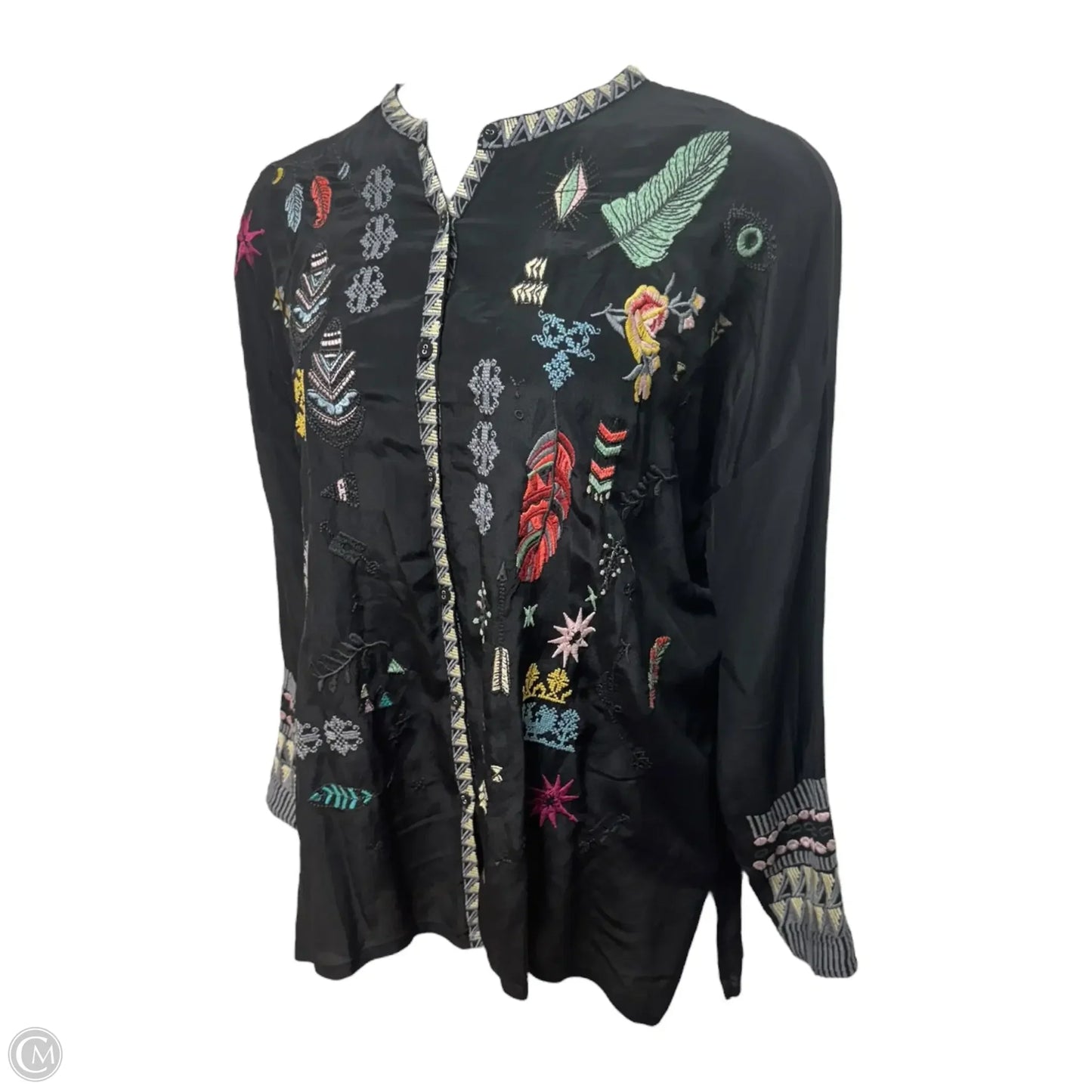 Reverie Silk Embroidered Top Long Sleeve By Johnny Was In Black, Size: M