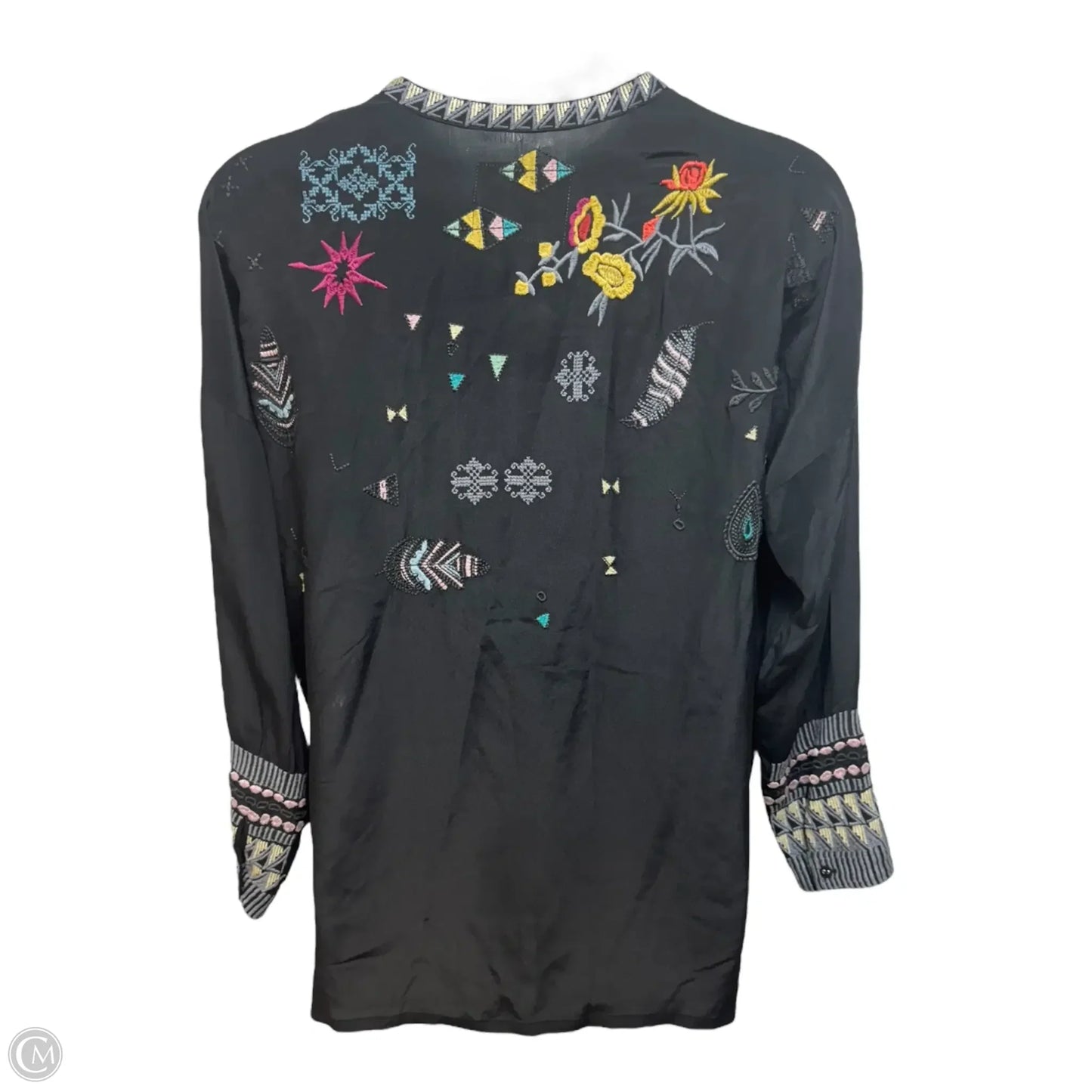 Reverie Silk Embroidered Top Long Sleeve By Johnny Was In Black, Size: M