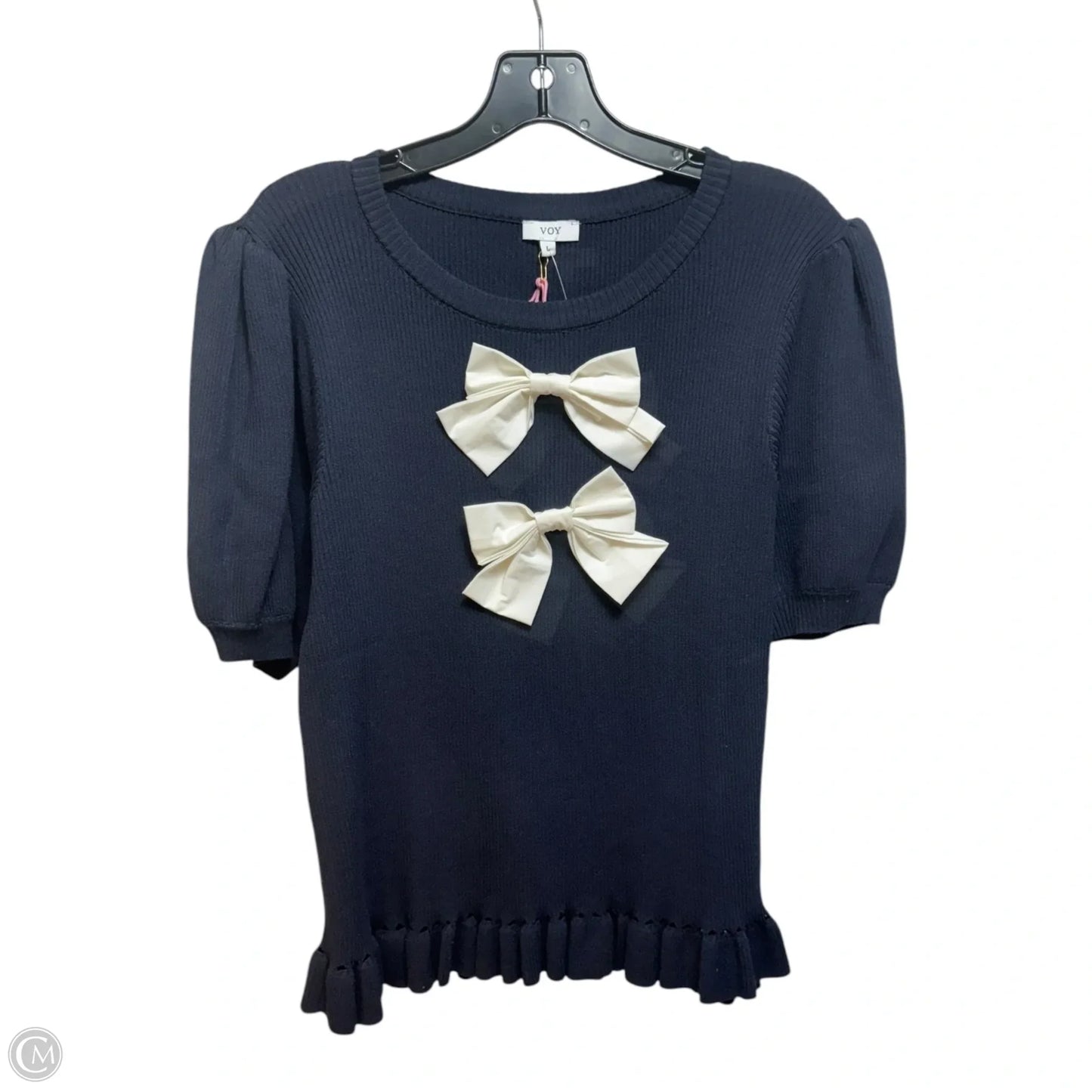Bow Knit Top Short Sleeve By Voy In Navy, Size: L