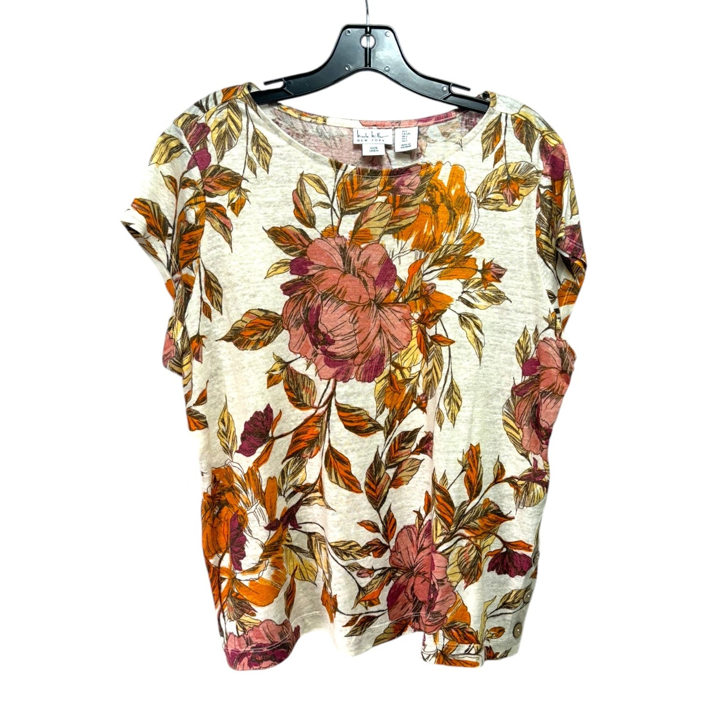 Linen Top Short Sleeve By Nicole Miller In Floral Print, Size: L