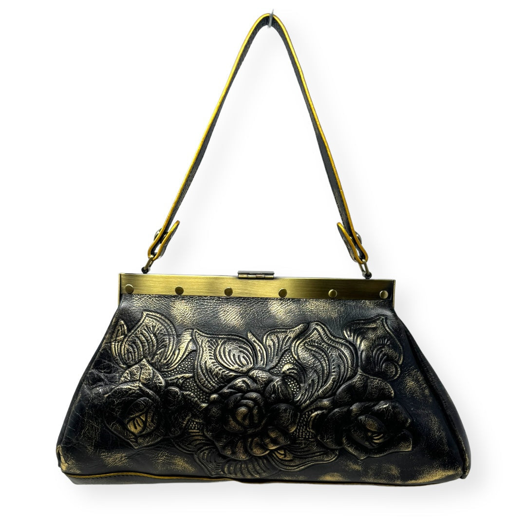 Ferrara Framed Metallic Tooled Leather Handbag Designer Patricia Nash, Size Medium