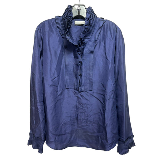 Silk Pleated Ruffle Blouse Long Sleeve By Soft Surroundings In Navy, Size: M