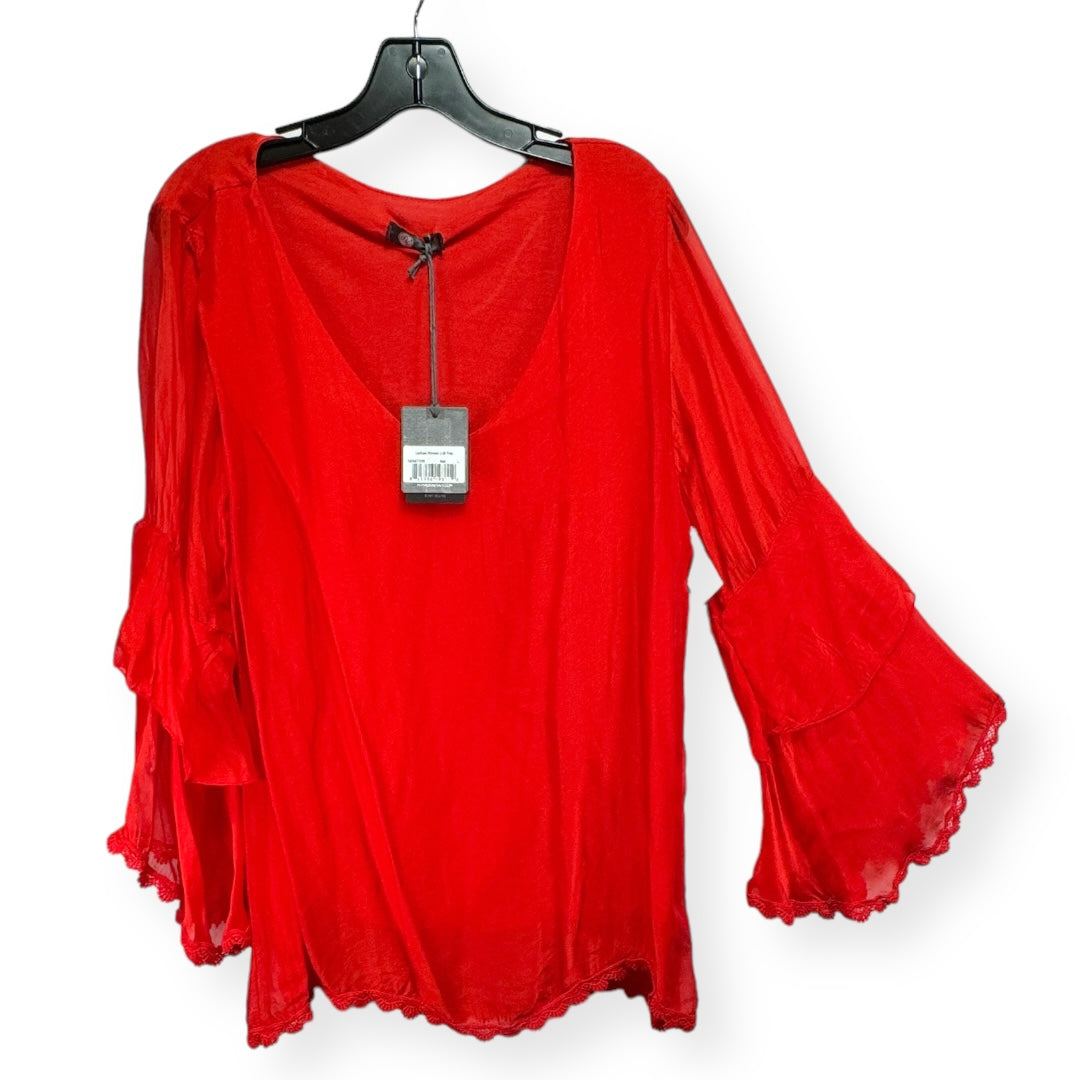 100% Silk Red Top Long Sleeve M-Made In Italy, Size L
