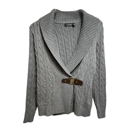 Buckle Cable Knit Sweater Cardigan By Lauren By Ralph Lauren In Grey, Size: Sp