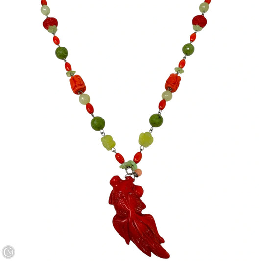 Hand Carved Coral Koi & Mixed Stone Beaded Pendant Necklace