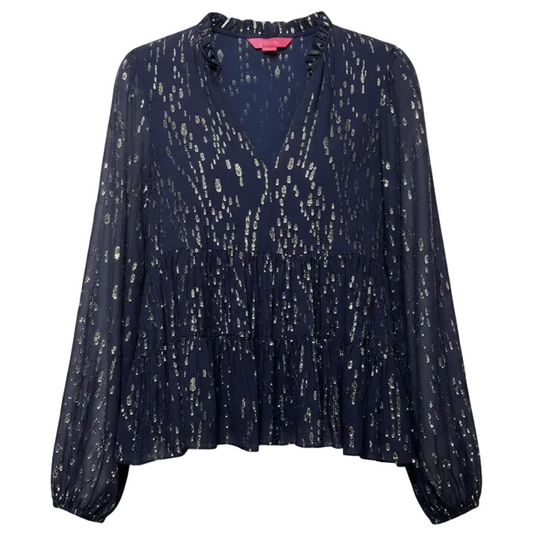 Sarita Long Sleeve Silk Top Designer By Lilly Pulitzer In True Navy Fish Clip Chiffon, Size: 4