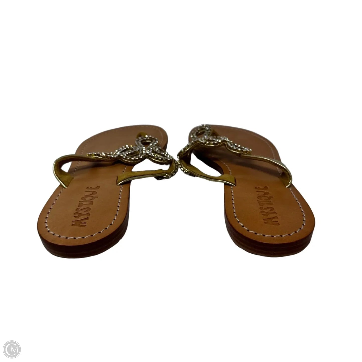 Jeweled Flip Flop Sandals By Mystique In Gold & Tan, Size: 9