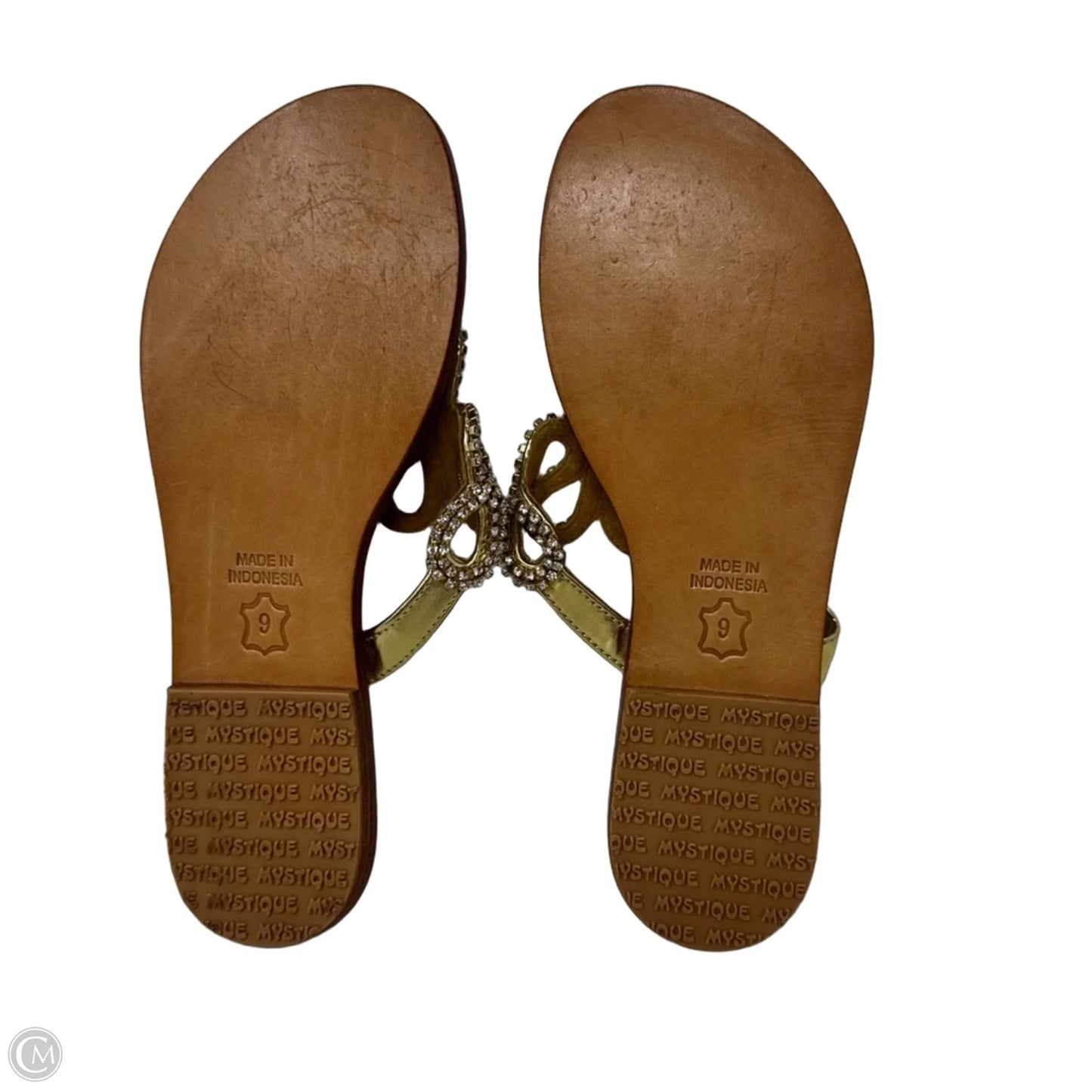 Jeweled Flip Flop Sandals By Mystique In Gold & Tan, Size: 9