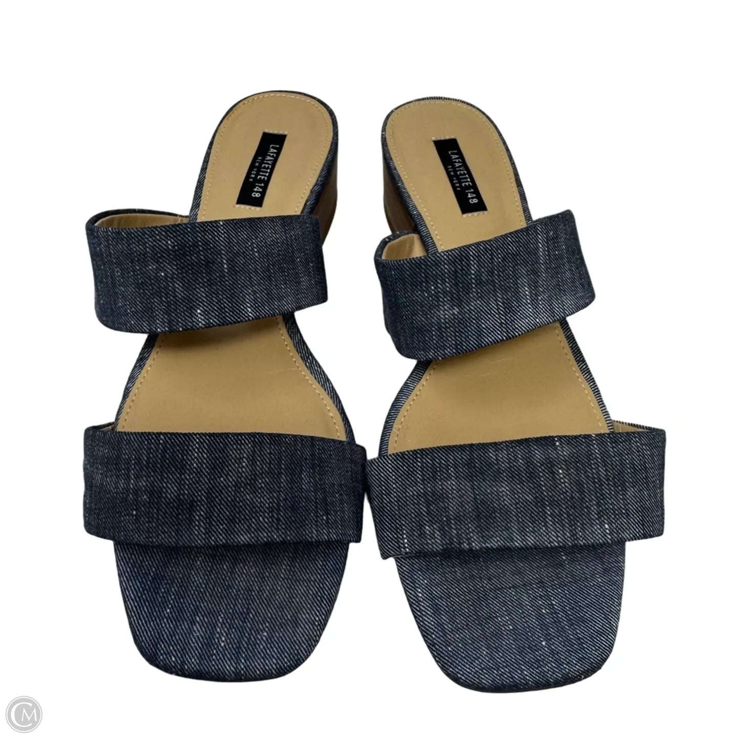 Denim Block Heel Slide Sandals Designer By Lafayette 148 In Blue, Size: 8