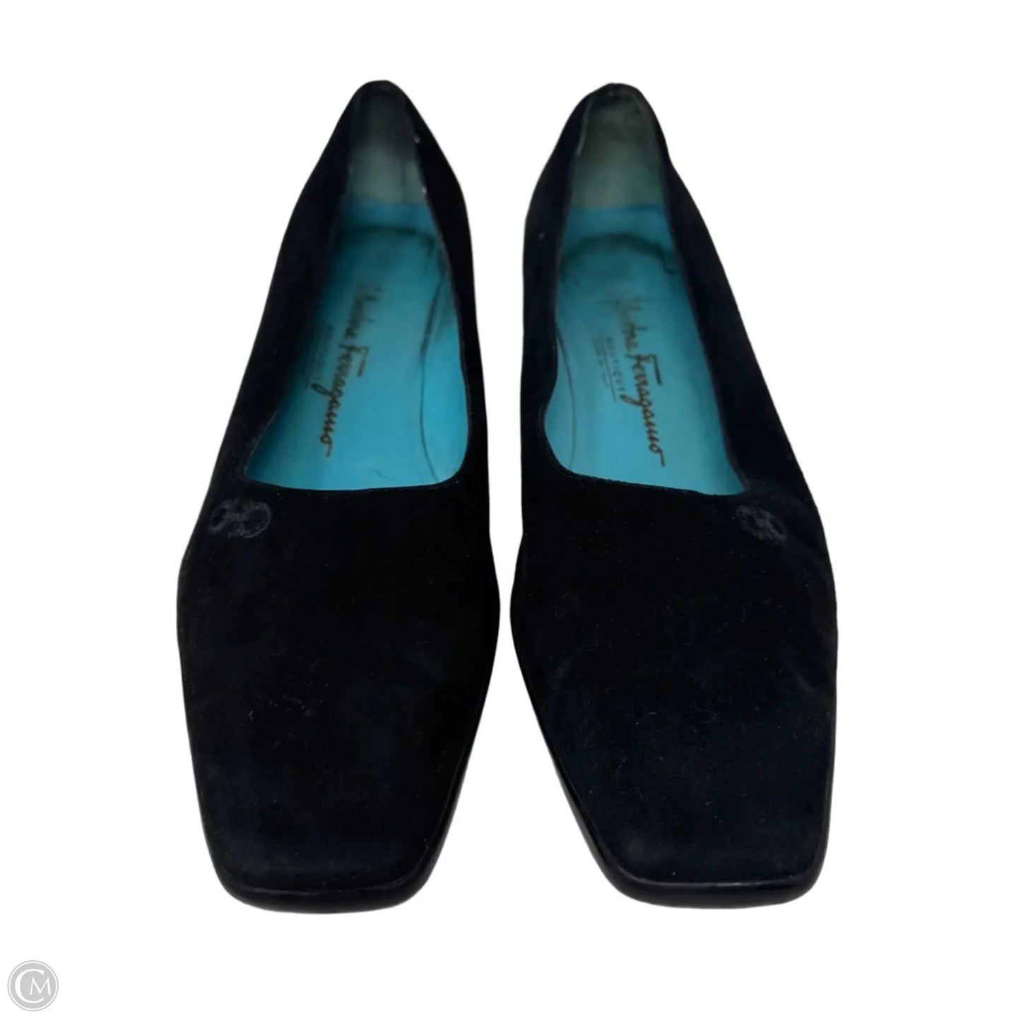 Suede Square Toe Block Heel Shoes Luxury Designer By Ferragamo In Black, Size: 10
