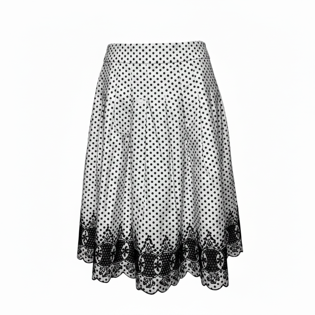 Polka Dot Pleated Midi Skirt with Embroidered Lace Trim
By Talbots In Polkadot Pattern, Size: 16