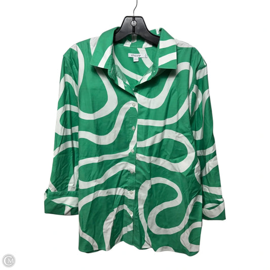 Top 3/4 Sleeve By Chicos In Green & White, Size: 16