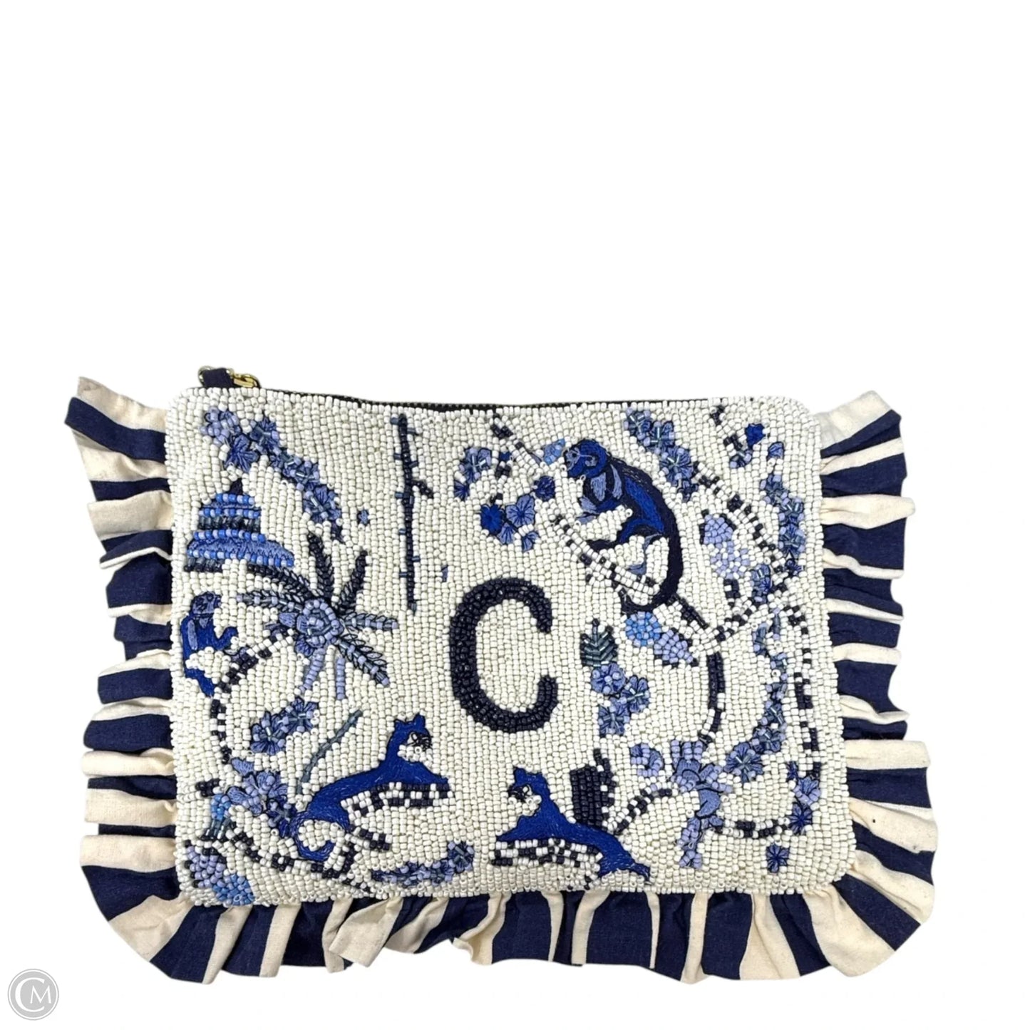 C Monogram Beaded Toile Clutch By Anthropologie X Anna Harlow, Size: Small