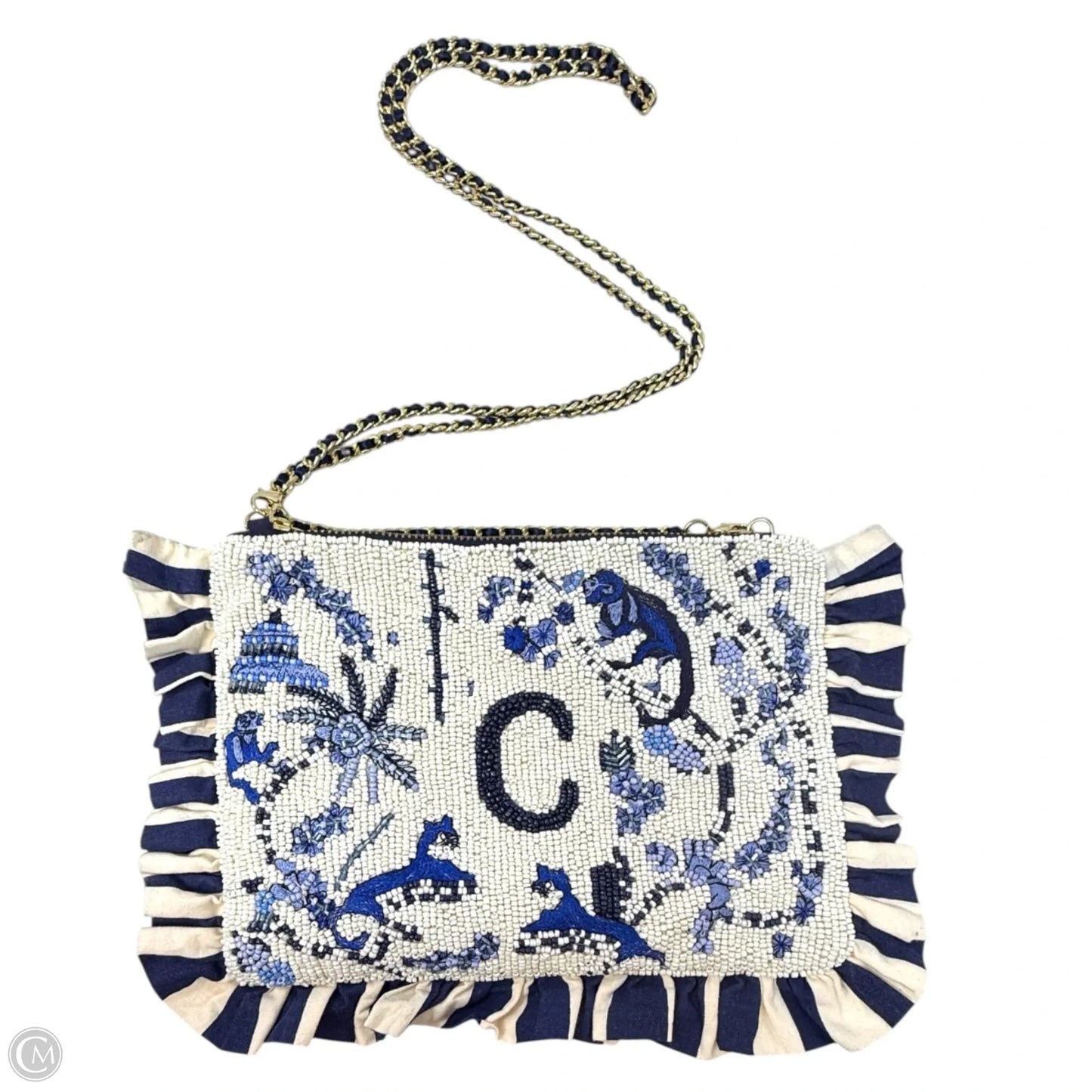 C Monogram Beaded Toile Clutch By Anthropologie X Anna Harlow, Size: Small