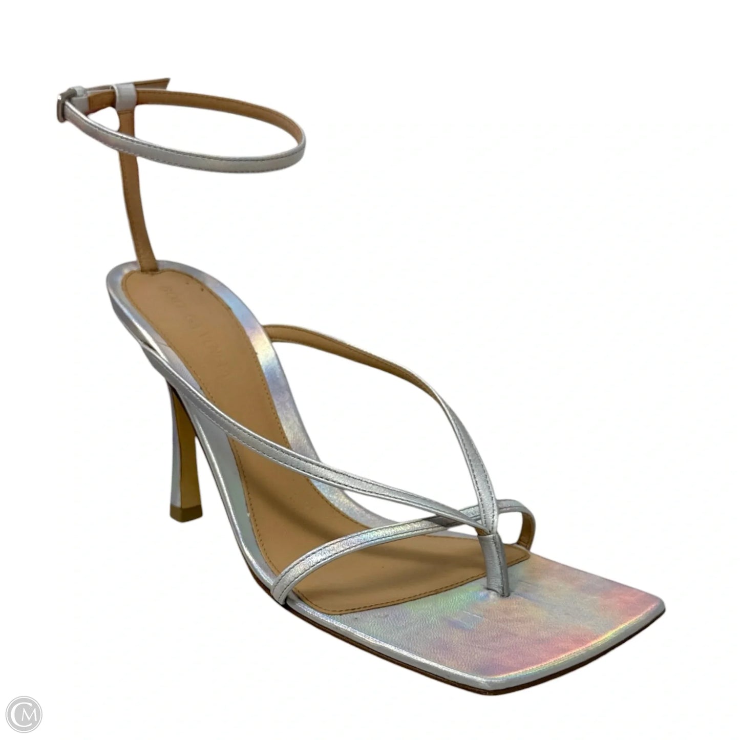 Stretch Iridescent Leather Sandals Luxury Designer By Bottega Veneta In Silver, Size: 9 (IT 39)