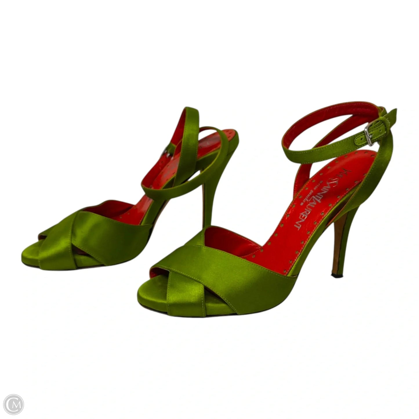 AS IS Rive Gauche Satin Heels Shoes Luxury Designer By Yves Saint Laurent In Green & Red, Size: 9 (39)