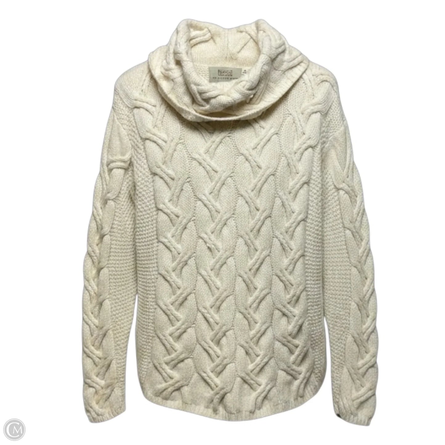 C‎hun‎ky Cable Cowl Neck Hand Knit 100% Irish Merino Wool Sweater By Cmb In Cream, Size: M