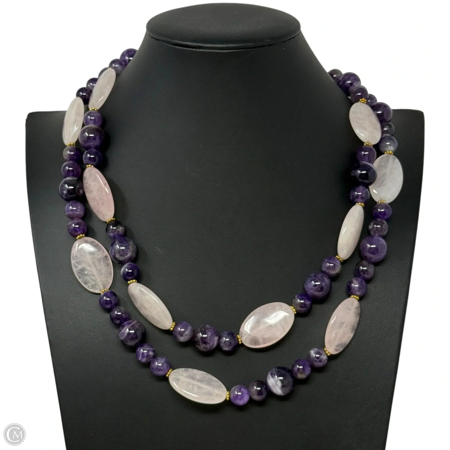 Layered Amethyst & Rose Quartz Beaded Necklace with Sterling Silver Clasp