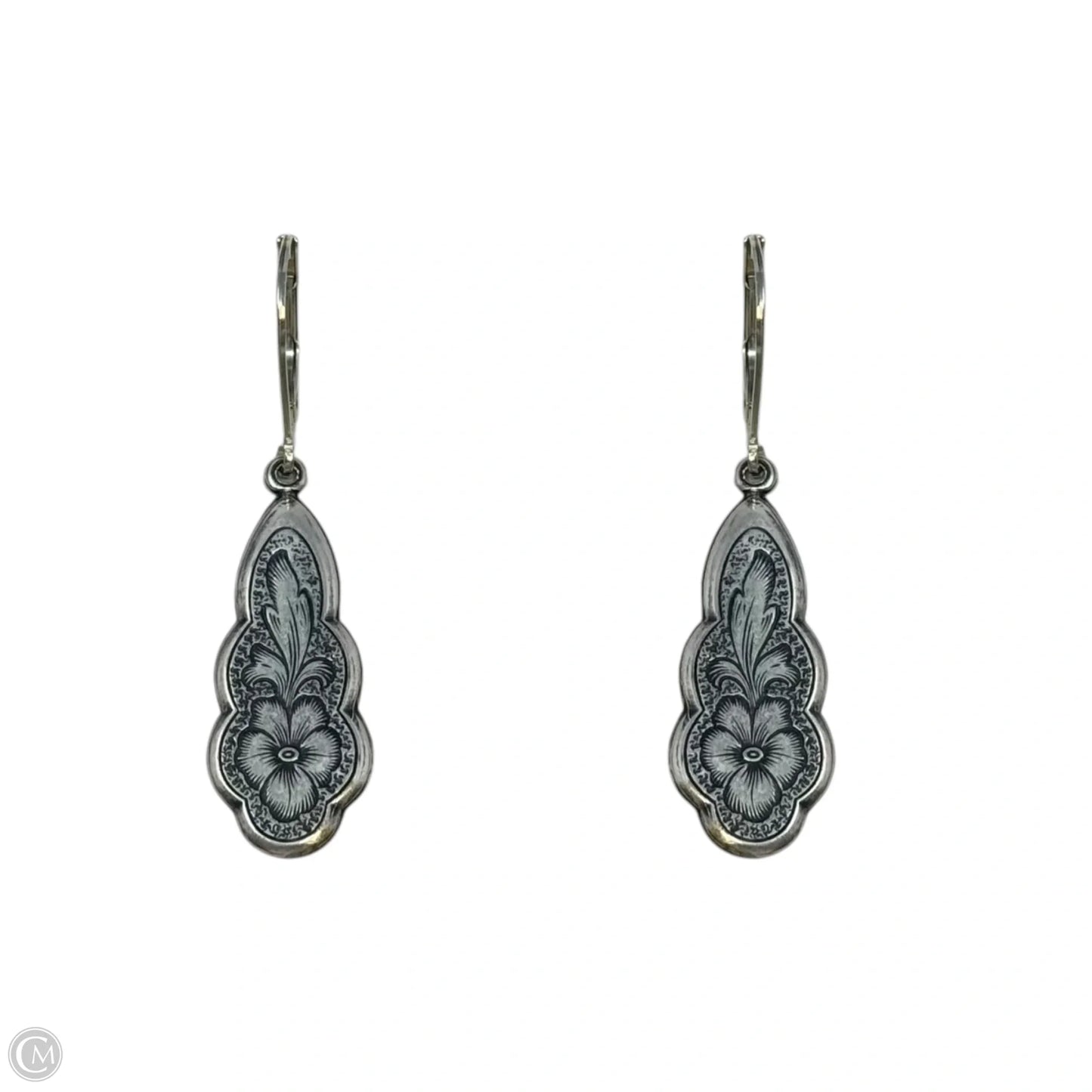 Engraved Floral Dangle Earrings Sterling Silver